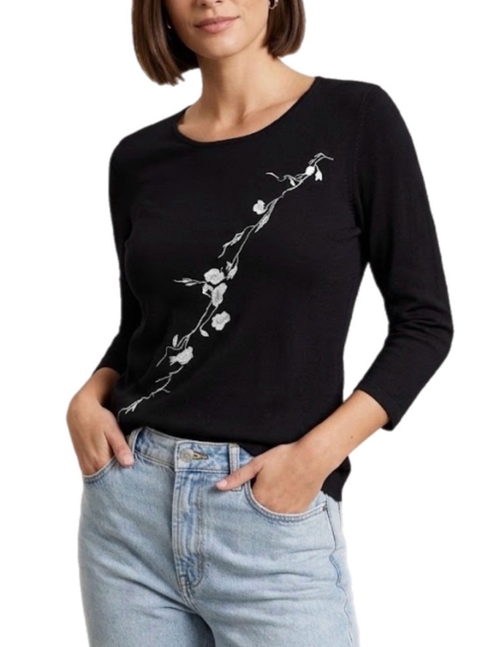Y2K XL Zatari Women's Black Floral Embroidered Crewneck Blouse Top Formal